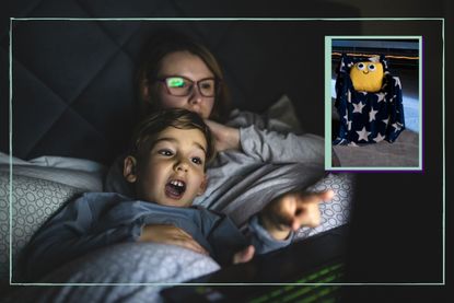 mother and child watching TV in bed main image and drop in images of CBeebies bedtime story character