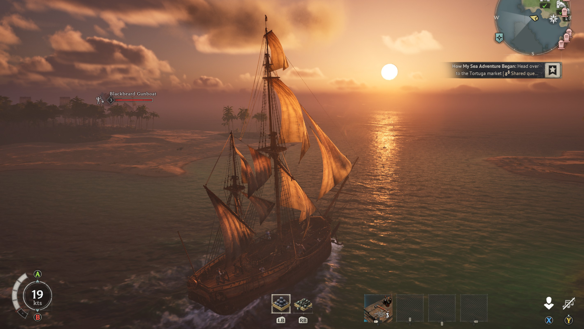 Sailing into a golden sunset in Windrose