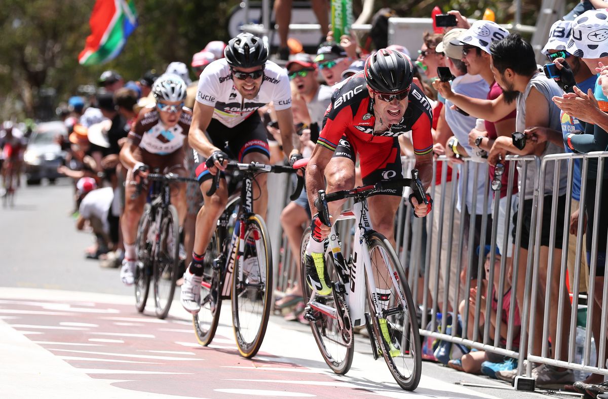 Cadel Evans trying to ride away from Tom Dumoulin up Willunga Hill