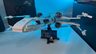 Lego Star Wars X-Wing Starfighter 75355-ship on stand front view.