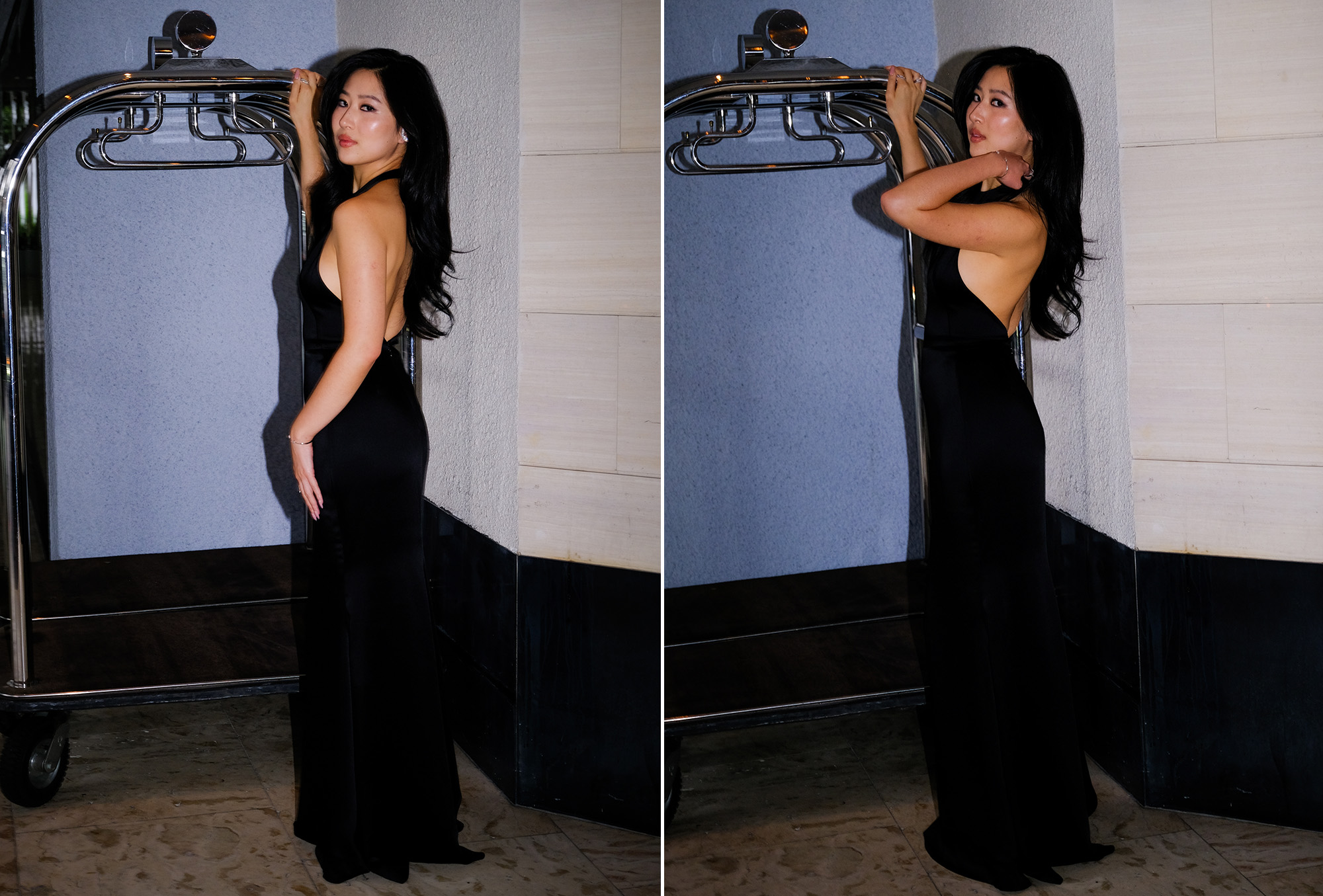 Mabel Li is photographed getting ready for the Testaments premiere in Los Angeles. She is seen posing with a luggage cart in her final look, a black halter dress by Givenchy.