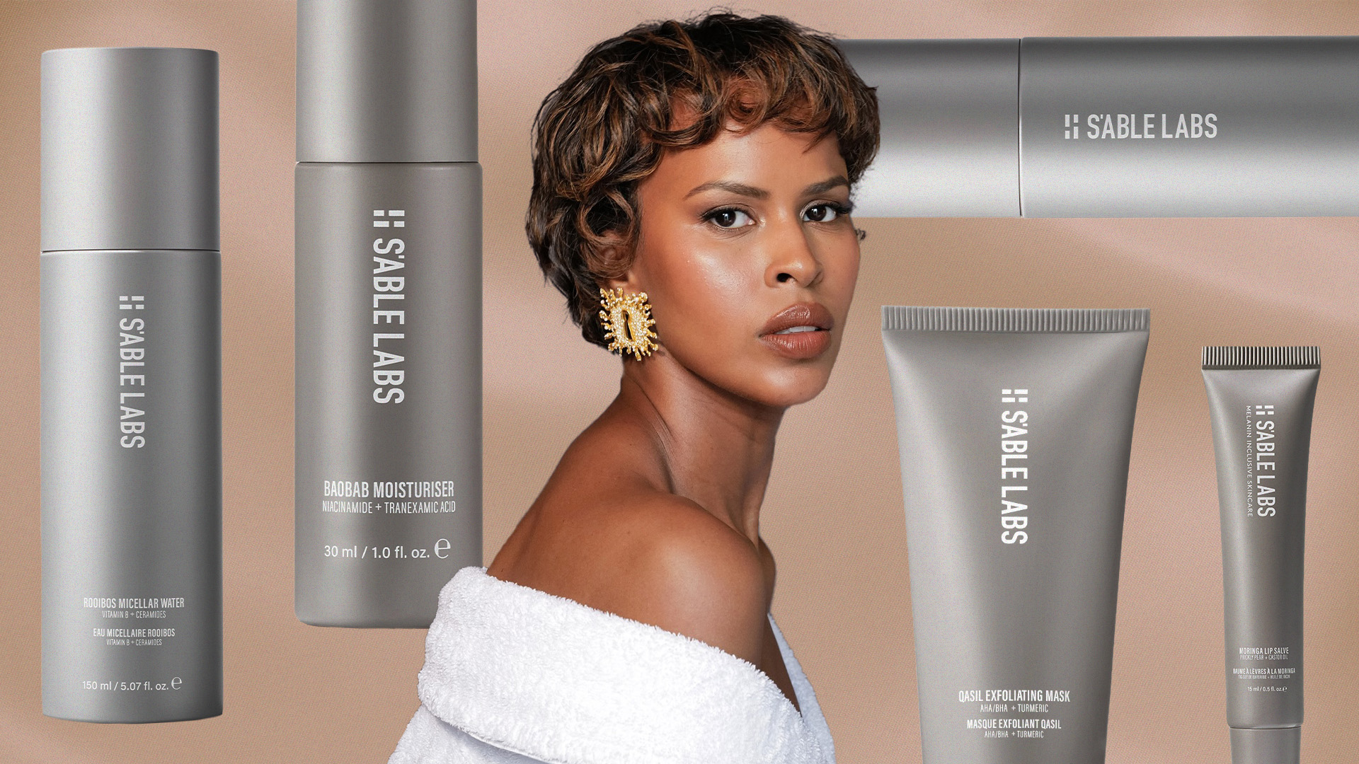 Collage of Sabrina Elba's beauty essentials.