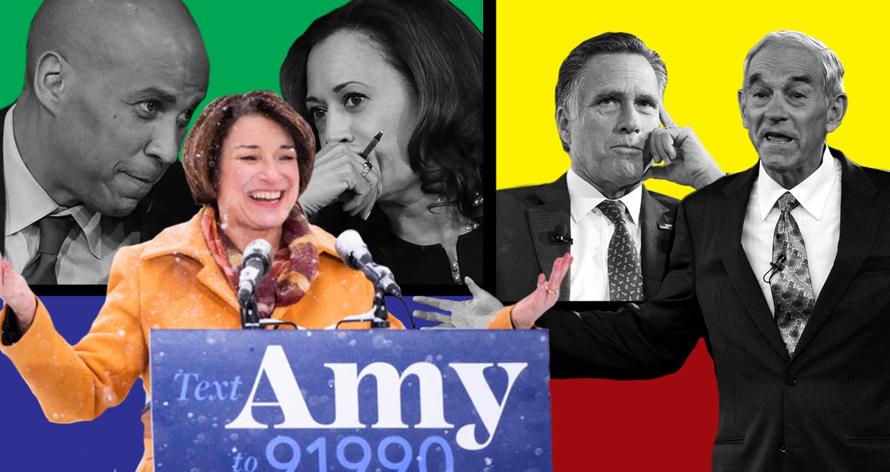 Presidential candidates Amy Klobuchar, Cory Booker and Kamala Harris and formers Ron Paul and Mitt Romney.