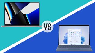 MacBook Pro vs Surface Pro with images of the MacBook Pro 16 and Surface Pro 9 on a blue background