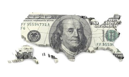 Map of U.S. states made out of a $100 bill