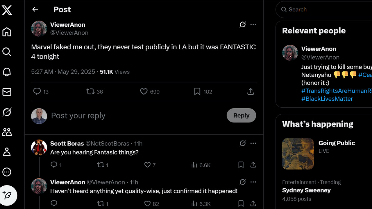 A screenshot of an X/Twitter post from ViewerAnon discussing The Fantastic Four: First Steps LA preview screening