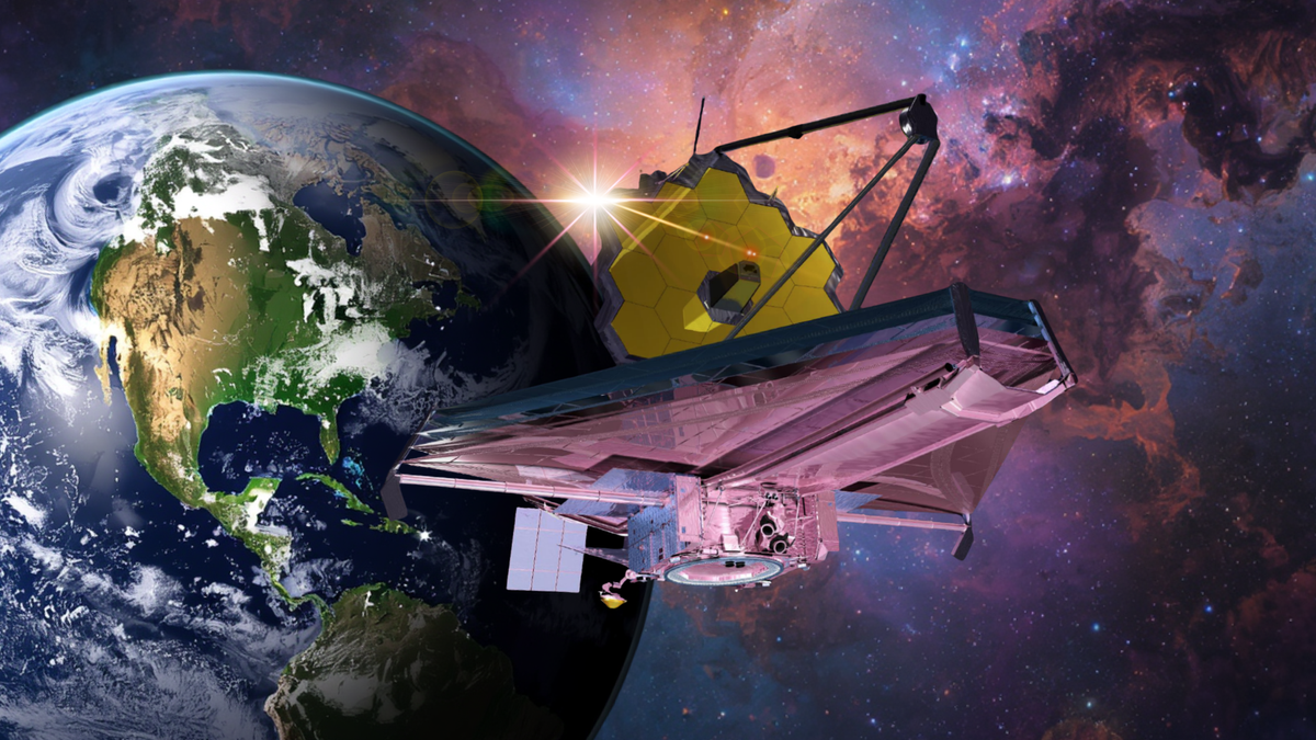 a telescope with a mirror made of gold hexagons floating on a starry background