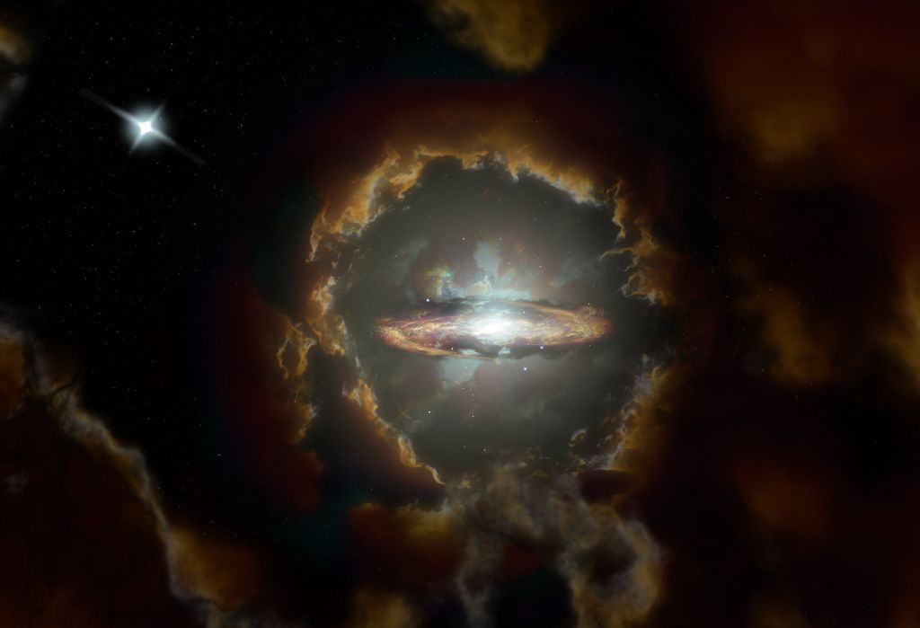 An artist&#039;s impression of the Wolfe Disk, a massive disk galaxy in the early universe.