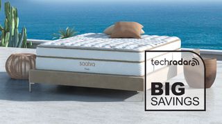 A Saatva Classic mattress on a bedframe outdoors, a TechRadar deals graphic