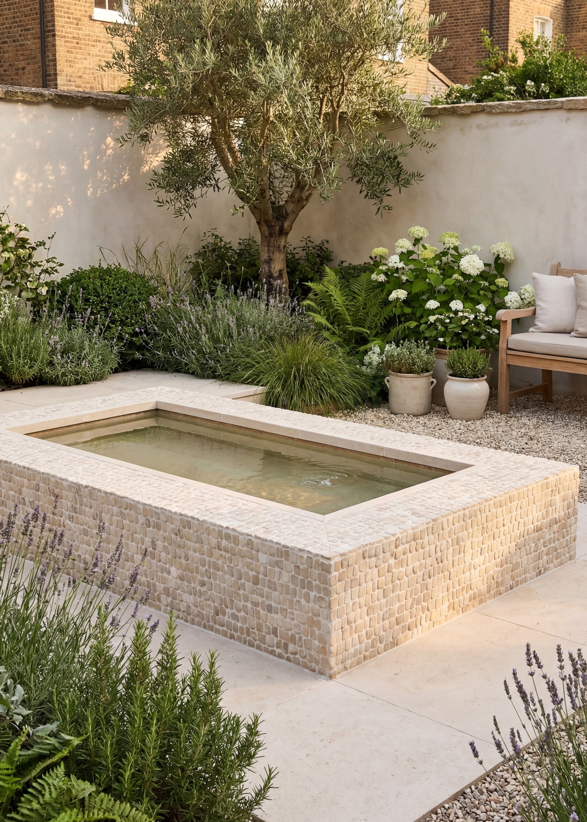 raised water feature tiled with beige mosaics in a small courtyard garden