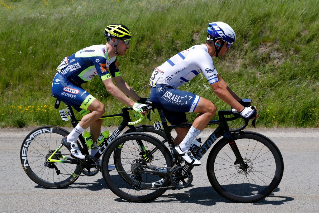 SAINT HAON LE VIEUXON FRANCE JUNE 01 Omer Goldstein of Israel and Team Israel StartUp Nation Loc Vliegen of Belgium and Team Intermarch Wanty Gobert Matriaux in breakaway during the 73rd Critrium du Dauphin 2021 Stage 3 a 1722km stage from Langeac to Saint Haon Le Vieuxon UCIworldtour Dauphin dauphine June 01 2021 in Saint Haon Le Vieuxon France Photo by Bas CzerwinskiGetty Images