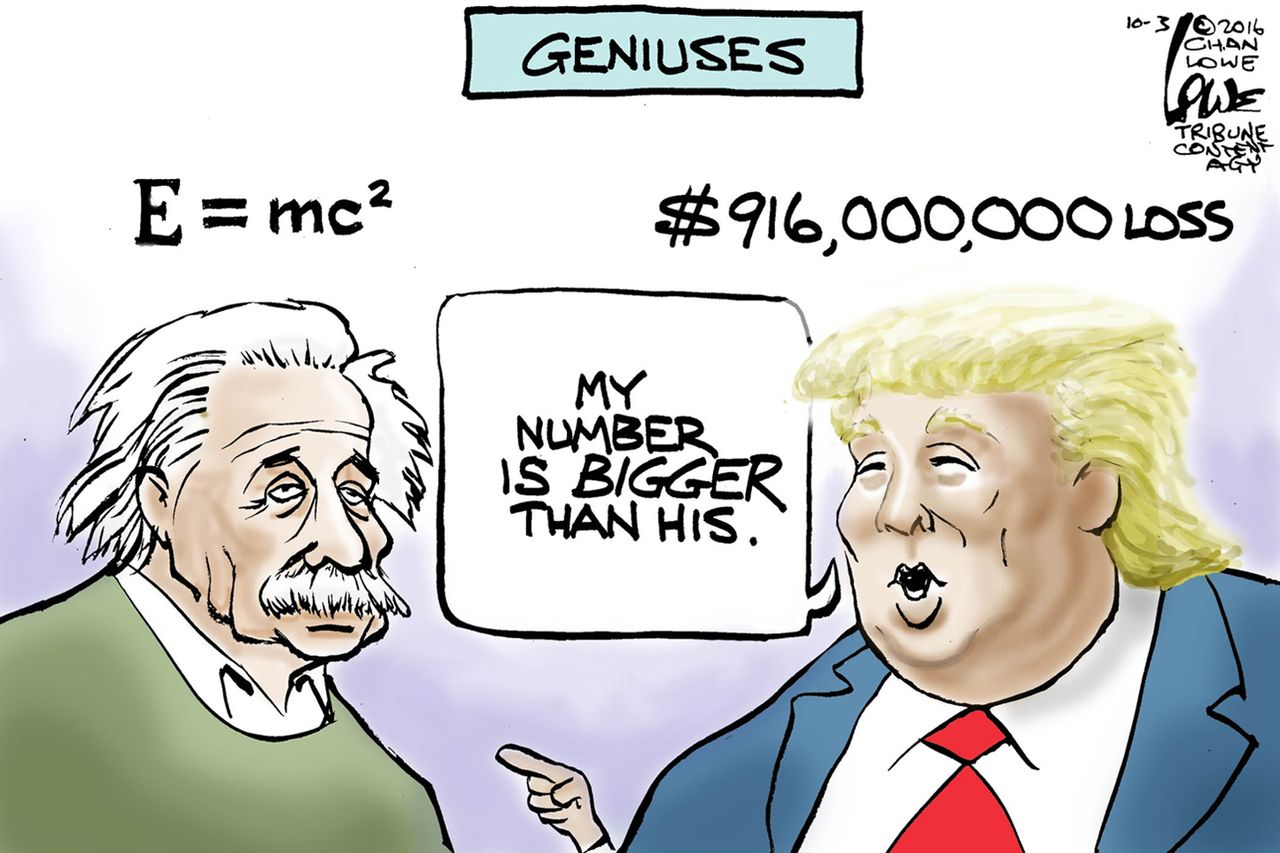 Political cartoon U.S. 2016 Donald Trump Albert Einstein geniuses