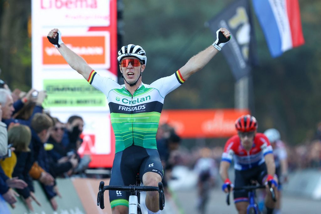 Belgian Laurens Sweeck celebrates as he crosses the finish line to win the men elite race at the UCI Cyclocross World Cup cyclocross event in Beekse Bergen The Netherlands Sunday 13 November 2022 the fifth out of 14 stages in the World Cup trophy in the 20222023 season BELGA PHOTO DAVID PINTENS Photo by DAVID PINTENS BELGA MAG Belga via AFP Photo by DAVID PINTENSBELGA MAGAFP via Getty Images