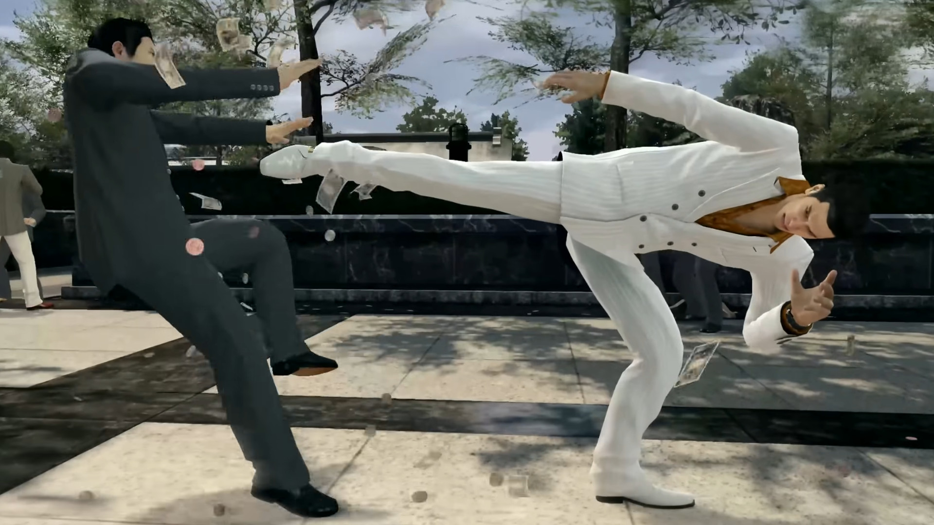 Kiryu kicking a thug during one of the best Switch 2 games, Yakuza 0 Director's Cut.
