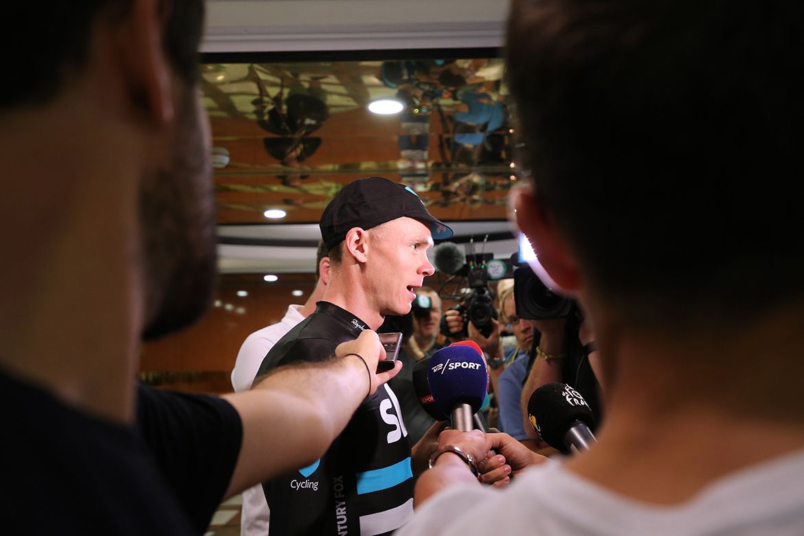 The view from Daniel Benson as Chris Froome (Sky) addresses the media
