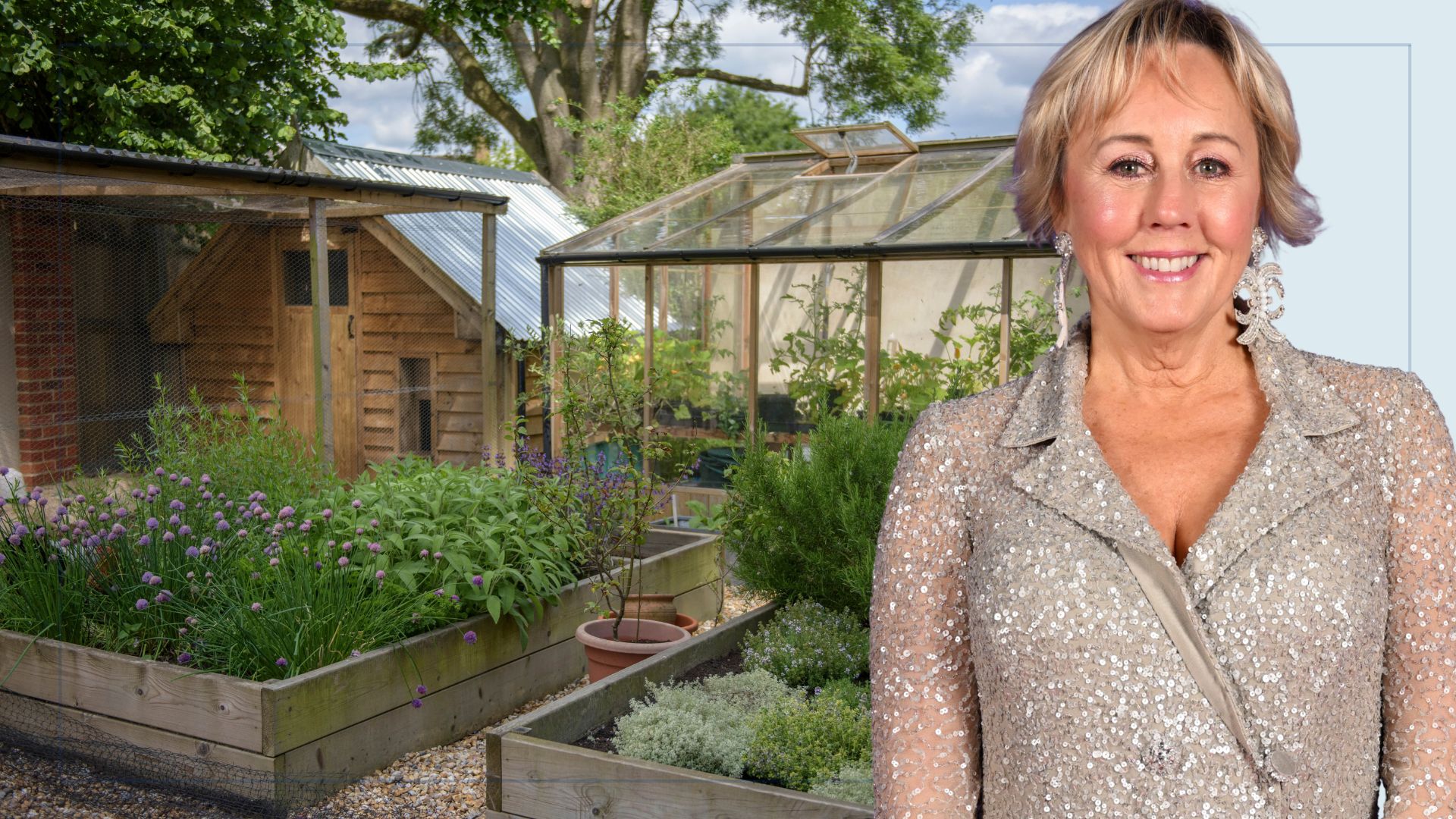 picture of raised garden beds with veggies growing and a cut out of shirlie Kemp over top