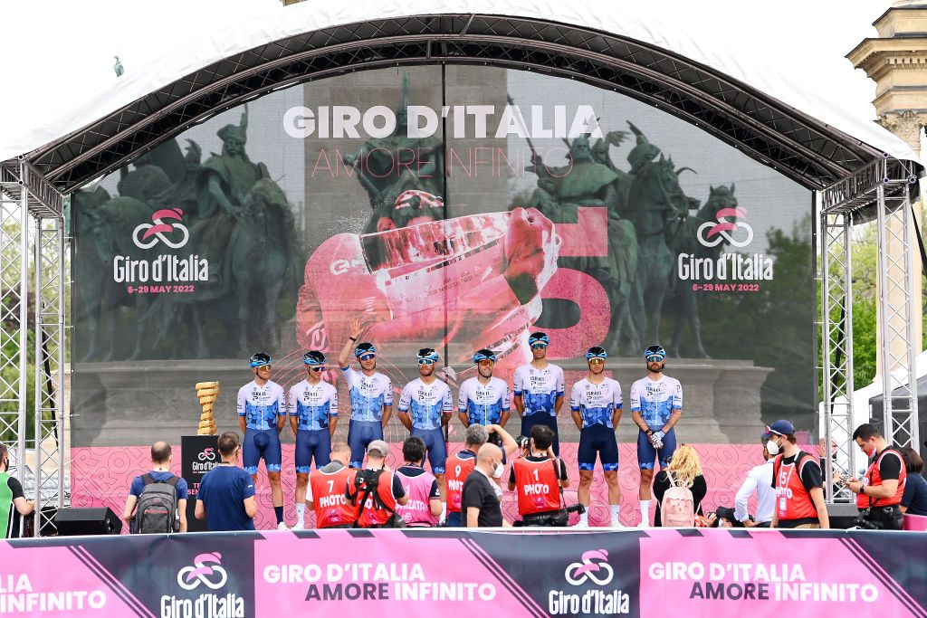 VISEGRAD HUNGARY MAY 06 Giacomo Nizzolo of Italy Matthias Brandle of Austria Alexander Cataford of Canada Alessandro De Marchi of Italy Alex Dowsett of United Kingdom Jenthe Biermans of Belgium Reto Hollenstein of Switzerland Rick Zabel of Germany and Team Israel Premier Tech during the team presentation prior to the 105th Giro dItalia 2022 Stage 1 a 195km stage from Budapest to Visegrd 337m Giro WorldTour on May 06 2022 in Visegrad Hungary Photo by Tim de WaeleGetty Images