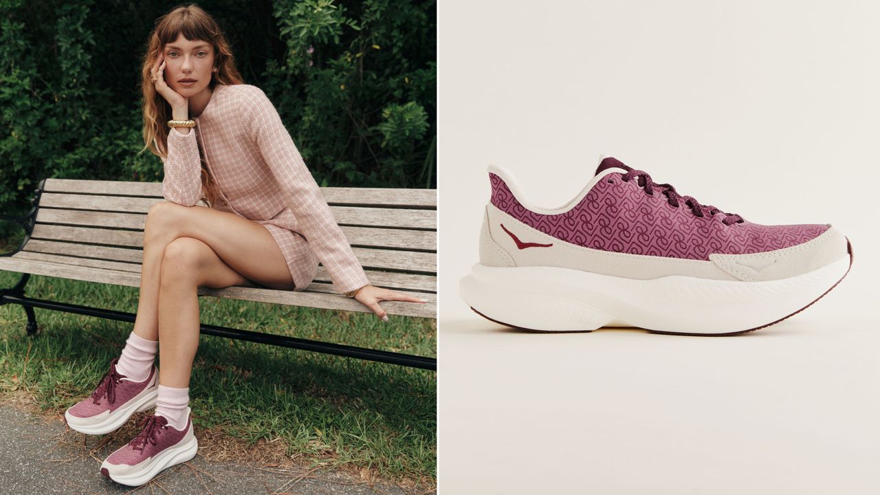 HOKA x Reformation collage of a model and Hoka sneakers