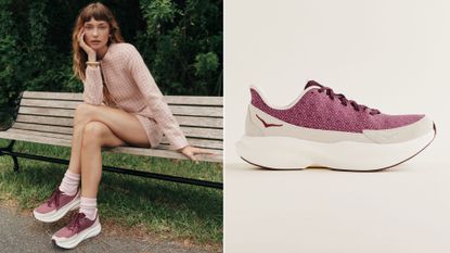 HOKA x Reformation collage of a model and Hoka sneakers