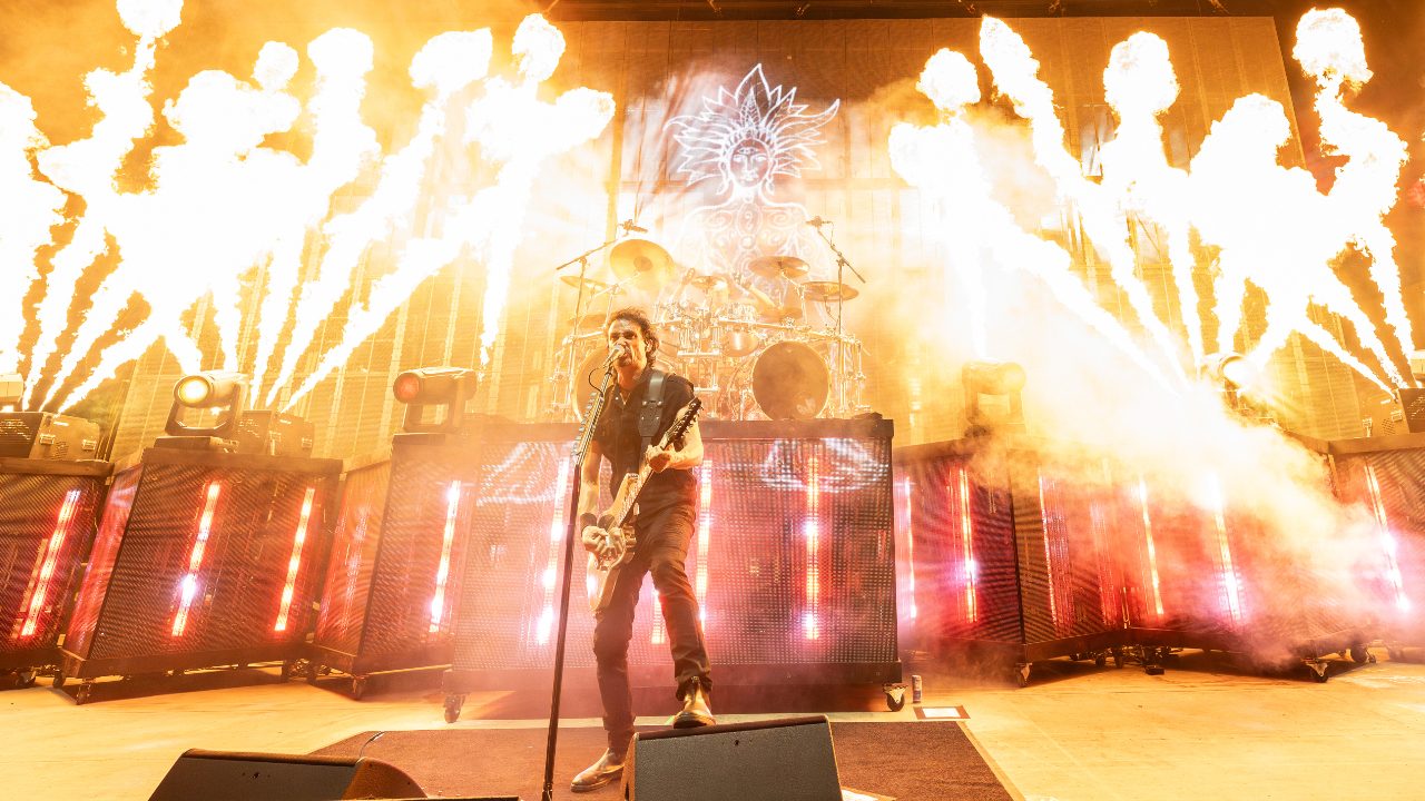 Gojira performing live with pyro in 2024