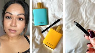 Digital beauty editor Aleesha Badkar pictured wearing the Victoria Beckham Satin Kajal Eyeliner in Cocoa, alongside an image of the portofino and San Ysidro drive perfumes and her hand holding the eyeliner