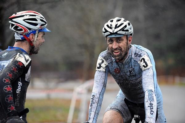 Justin Lindine (BikeReg.com / Joe's Garage / IF), left, and Adam Myerson (Cycle-Smart) post-race.