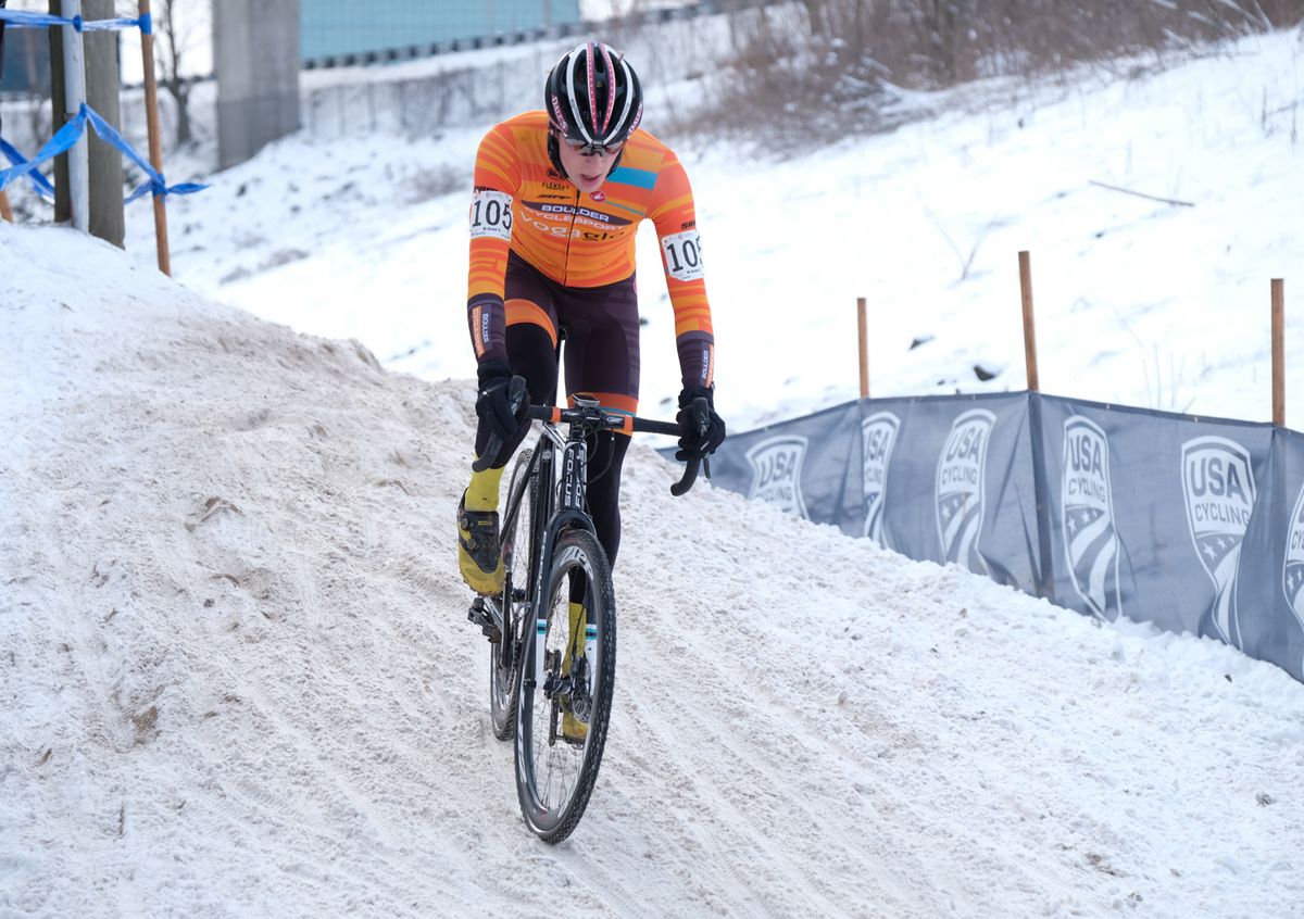 Grant Ellwood (Boulder Cycle Sport) safely traversing an off-camber section of the course.