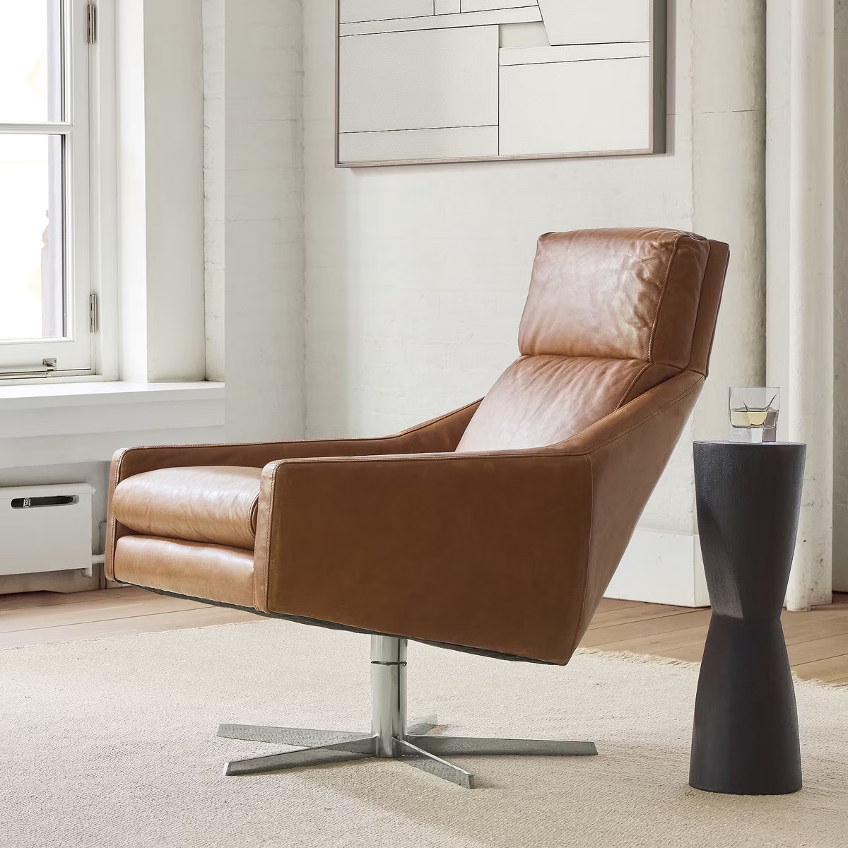 angular brown leather armchair