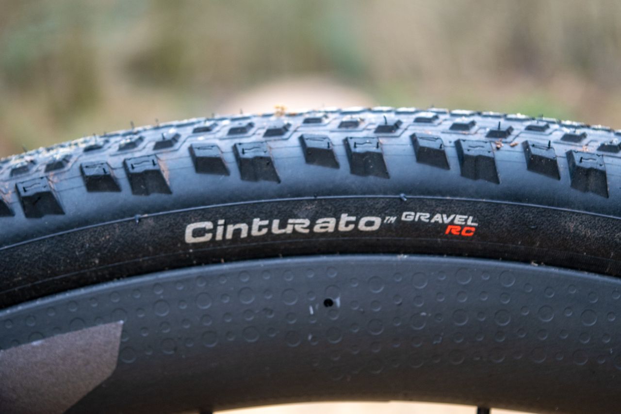 A Zipp 303 Firecrest wheel with a Pirelli Cinturato RC gravel tyre fitted