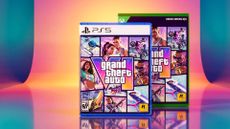 GTA 6 box art on a table scene with Miami style colouring