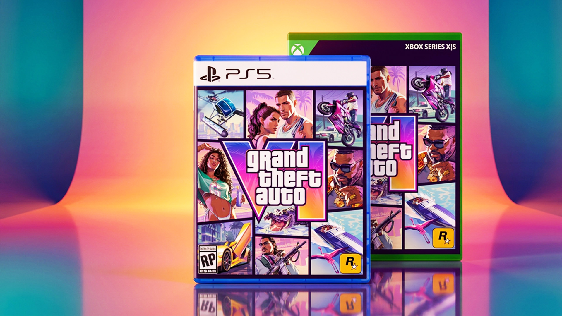 GTA 6 box art on a table scene with Miami style colouring