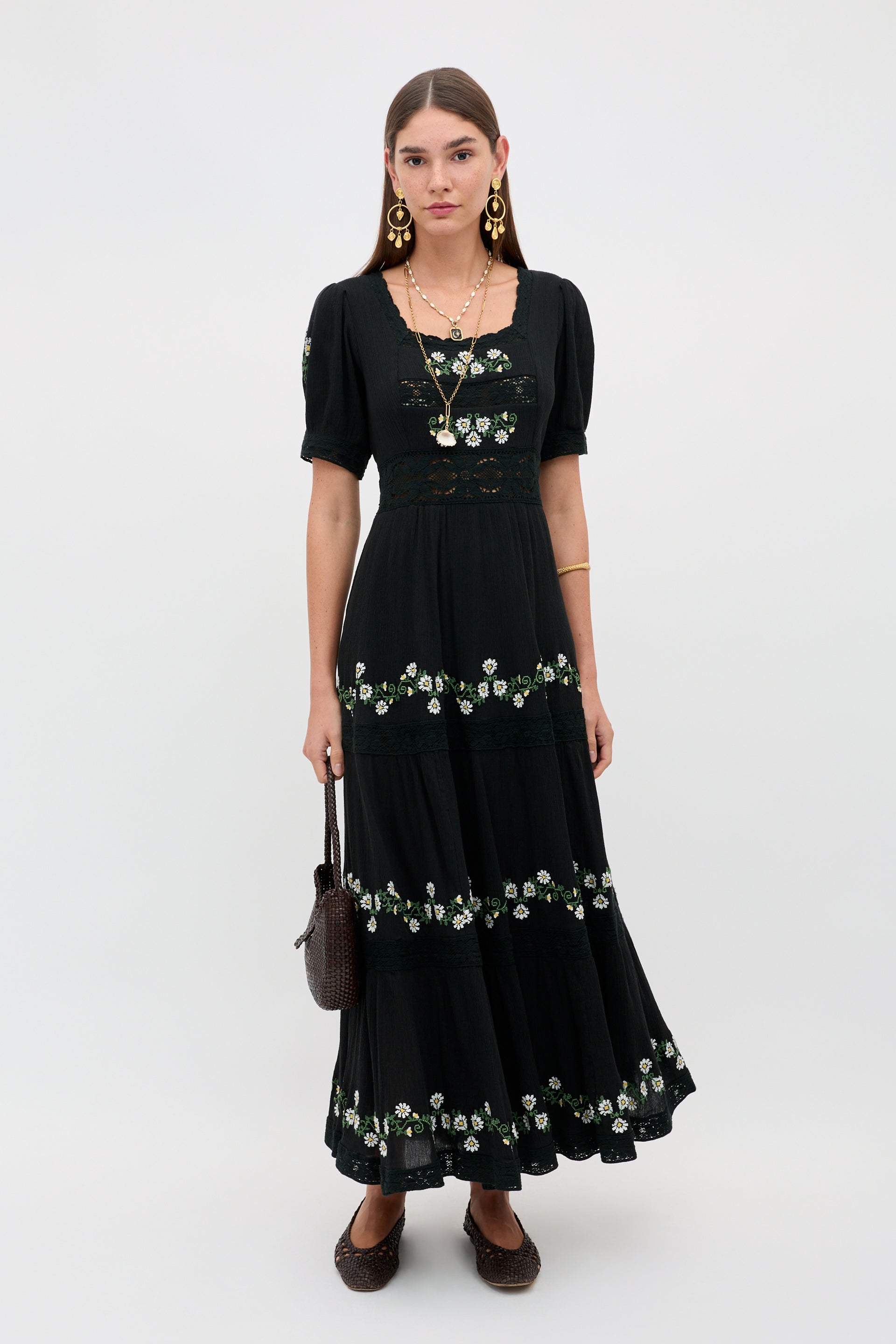 Philippa Embroidered Midi Dress in Lilia Embroidery Black
