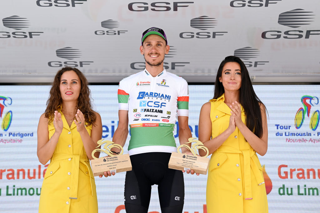 LIMOGES FRANCE AUGUST 19 Filippo Zana of Italy and Team Bardiani Csf Faizane celebrates winning the White Best Young Rider Jersey on the podium ceremony after the 55th Tour du Limousin Nouvelle Aquitaine 2022 Stage 4 a 1748km stage from Saint Laurent sur Gorre to Limoges 289m TDL2022 on August 19 2022 in Limoges France Photo by Dario BelingheriGetty Images