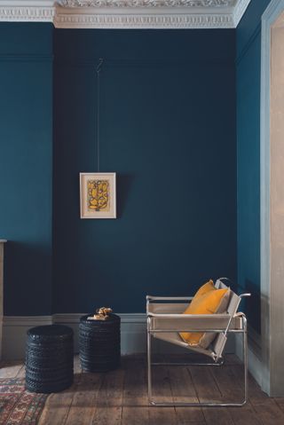 Farrow & Ball Hague Blue on the walls of a styled room