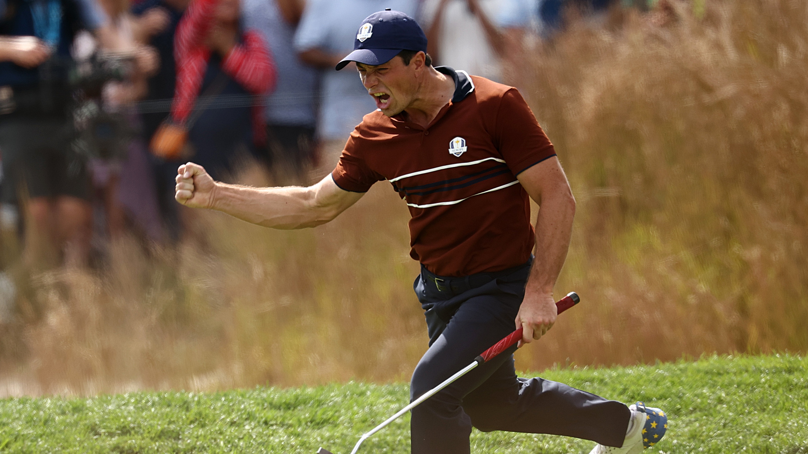 Viktor Hovland of Team Europe reacts on the 17th green during the Saturday morning foursomes matches of the 2025 Ryder Cup at Black Course at Bethpage State Park Golf Course on September 27, 2025 in Farmingdale, New York.