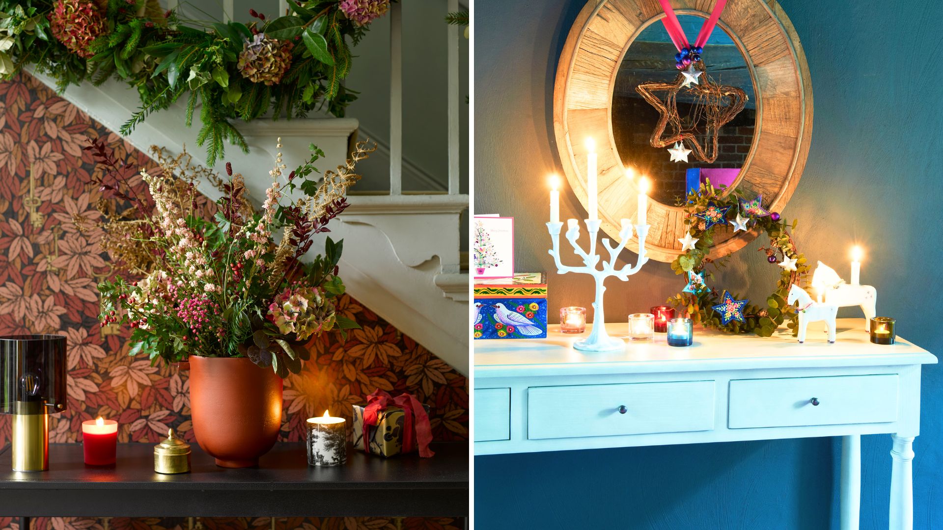 Split image of two hallways with Christmas displays on a console table
