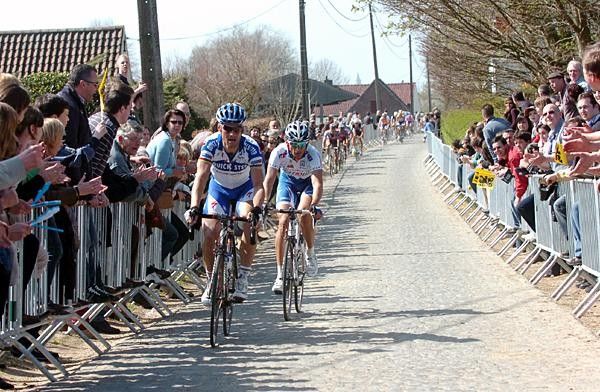 Boonen and Pozzato at the end of the Taaienberg.