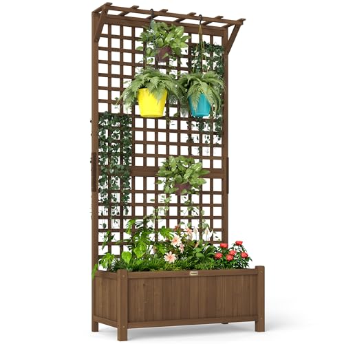 Outsunny Wood Planter With Trellis for Climbing Plants, Raised Bed, Planter Box With Drainage Holes to Grow Vegetables, Herbs and Flowers for Garden, Patio, Yard, Brown