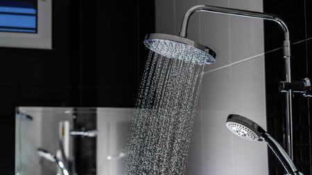 Shower head in a modern bathroom dispensing water