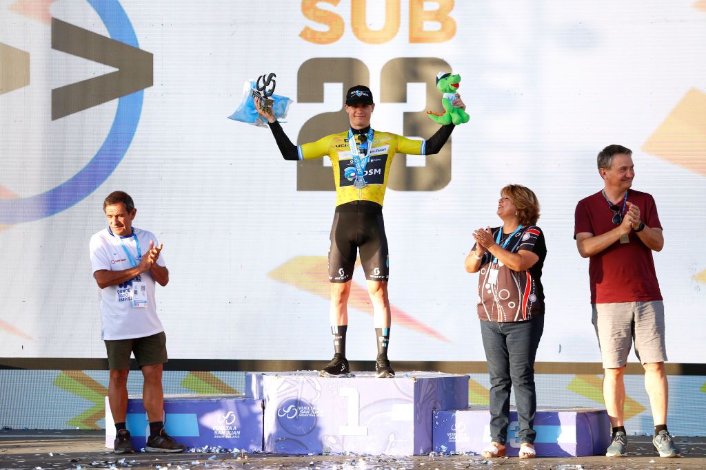 SAN JUAN ARGENTINA JANUARY 24 Tobias Lund Andresen of Denmarkand Team DSM celebrates at podium as Yellow Best Young Jersey during the 39th Vuelta a San Juan International 2023 Stage 3 a 1709km stage from Circuito San Juan Villicum to Circuito San Juan Villicum VueltaSJ2023 on January 24 2023 in San Juan Argentina Photo by Maximiliano BlancoGetty Images