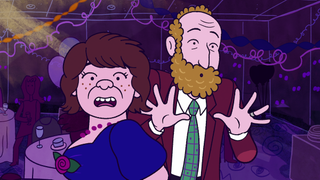 Two animated characters stand side by side. One is a woman with a brunette bob, the other is a bearded blonde man. They both look shocked.