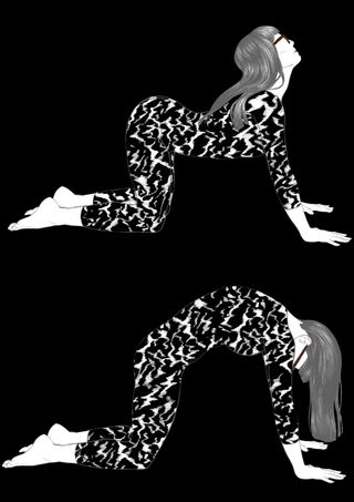 black and white illustration of woman doing yoga posses in leopard spandex and glasses