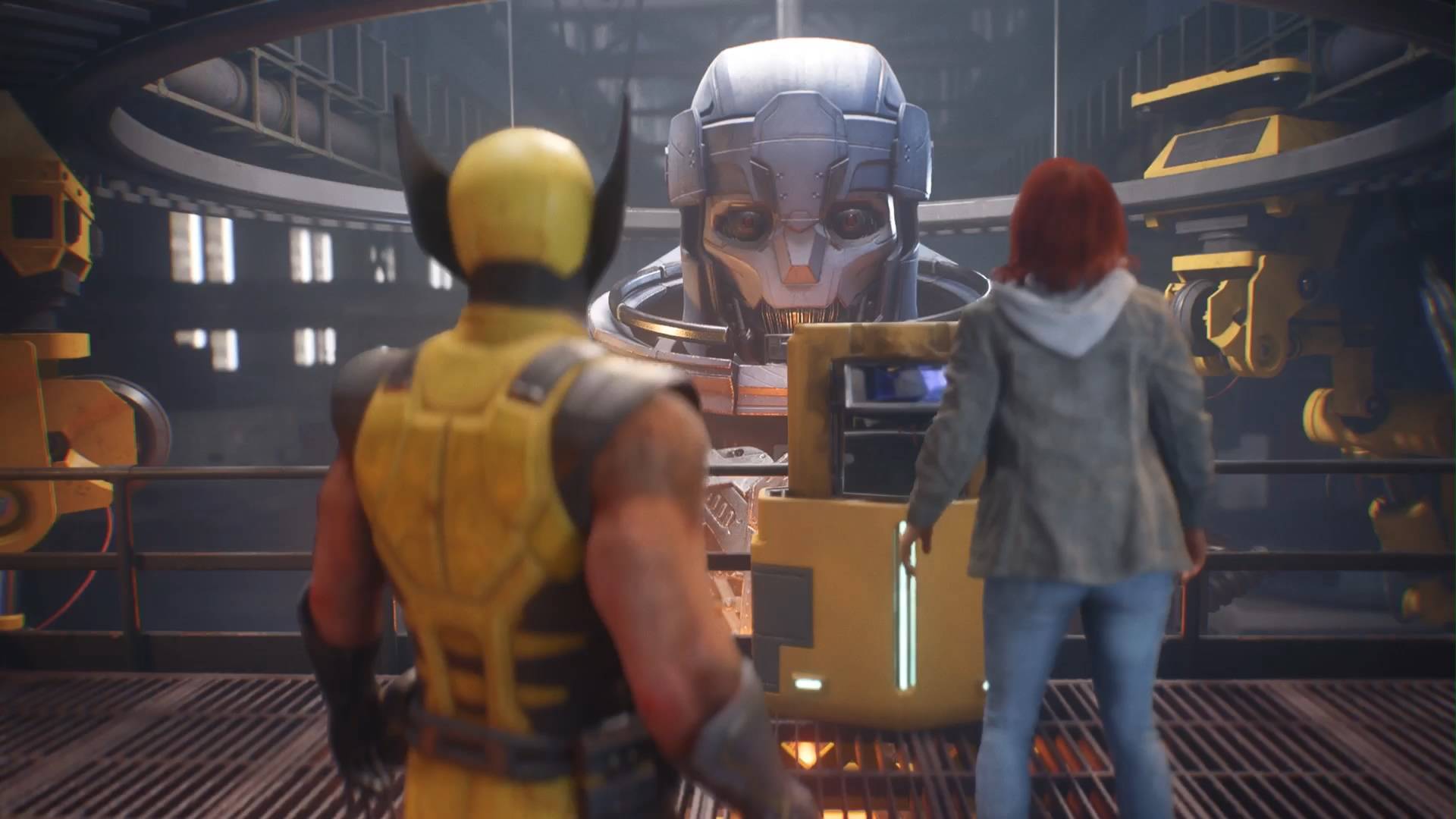 Marvel's Wolverine guide Wolverine and Jean Grey looking at the head and upper body of a massive sentinel robot that's in the middle of being built