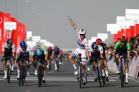 DUBAI UNITED ARAB EMIRATES FEBRUARY 21 Tim Merlier of Belgium and Team Soudal QuickStep celebrates at finish line as stage winner ahead of Sam Welsford of Australia and Team Red Bull Bora Hansgrohe Jonathan Milan of Italy and Team LidlTrek Green points jersey Matteo Malucelli of Italy and XDS Astana Team and Oded Kogut of Israel and Team Israel Premier Tech during the 7th UAE Tour 2025 Stage 5 a 160km stage from American University Dubai to American University Dubai UCIWWT on February 21 2025 in Dubai United Arab Emirates Photo by Dario BelingheriGetty Images