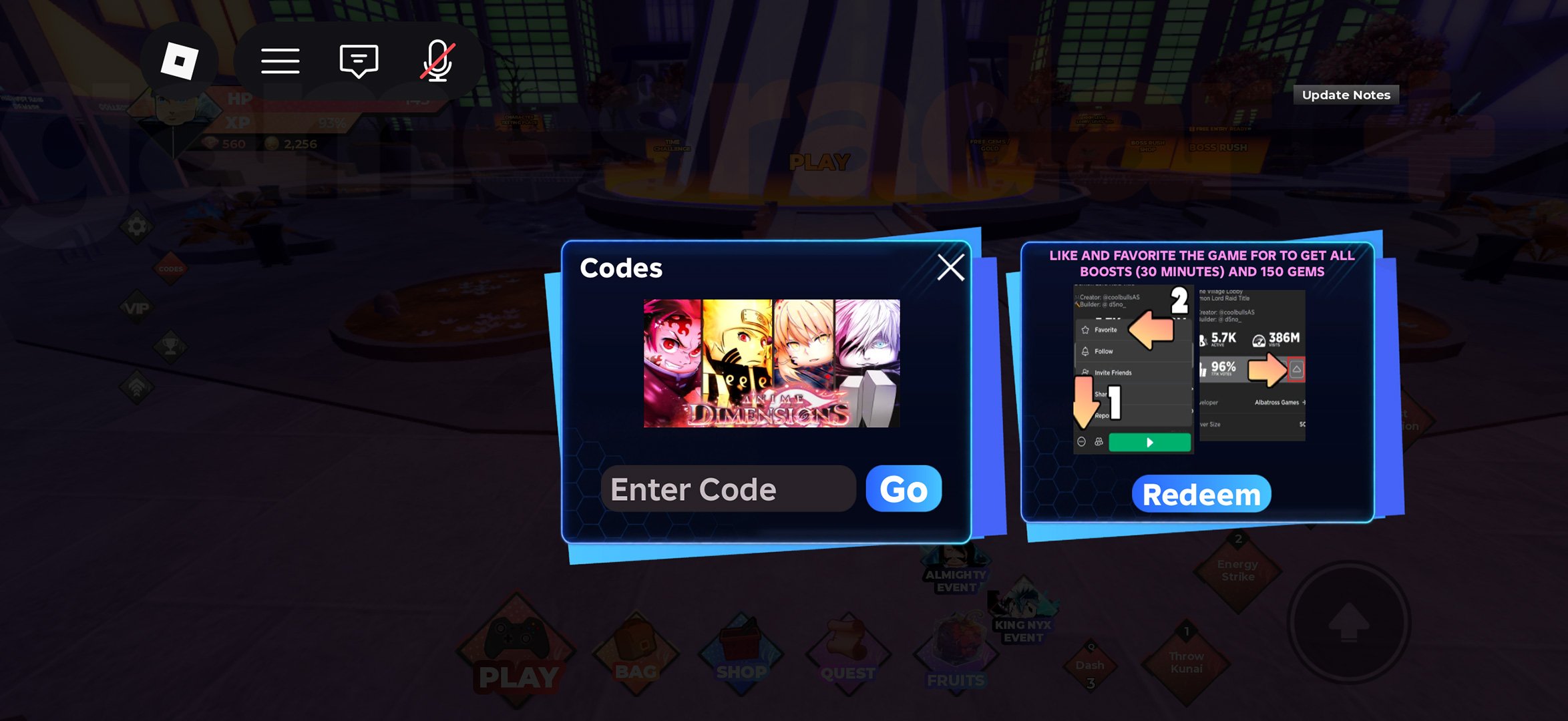 The menu screen used to redeem Anime Dimensions Simulator codes