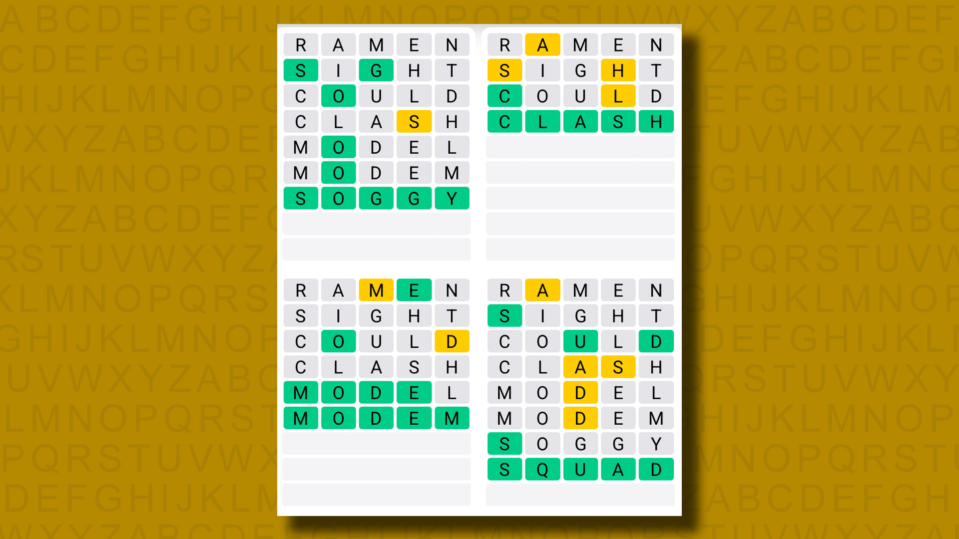 Quordle answers for game 1248 on a yellow background