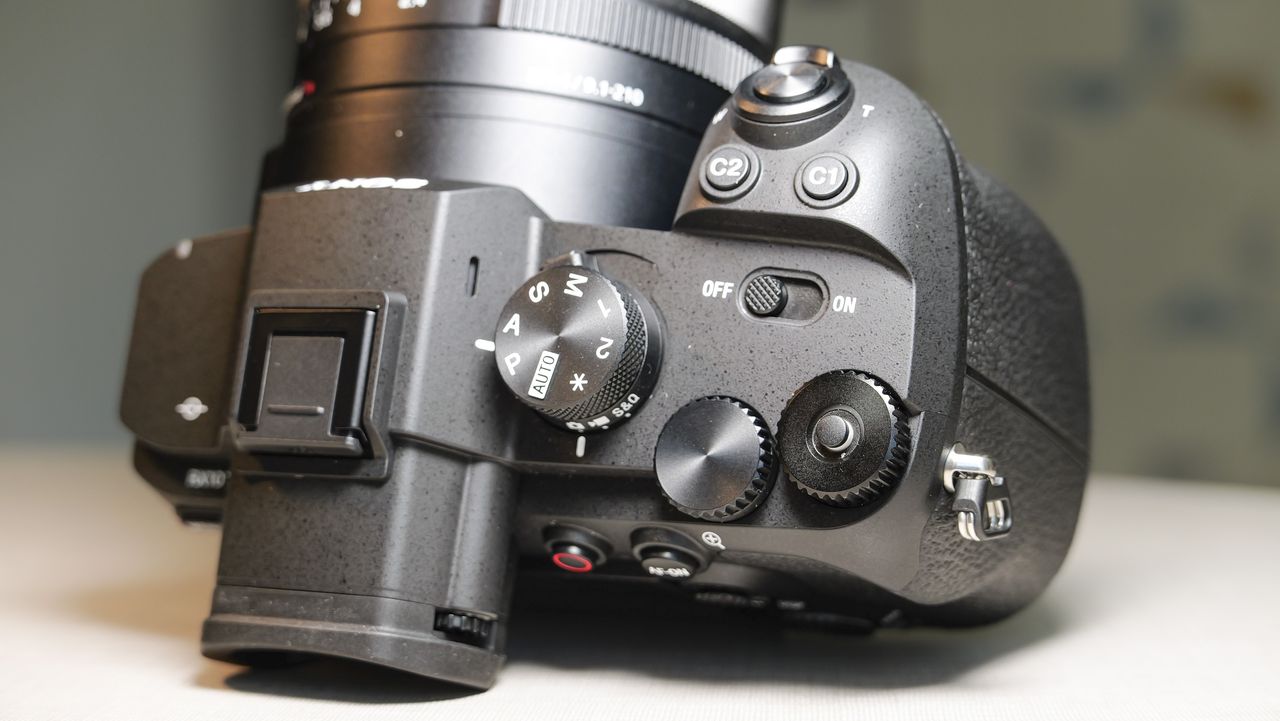 Closeup of the Sony RX10 V bridge camera's top controls