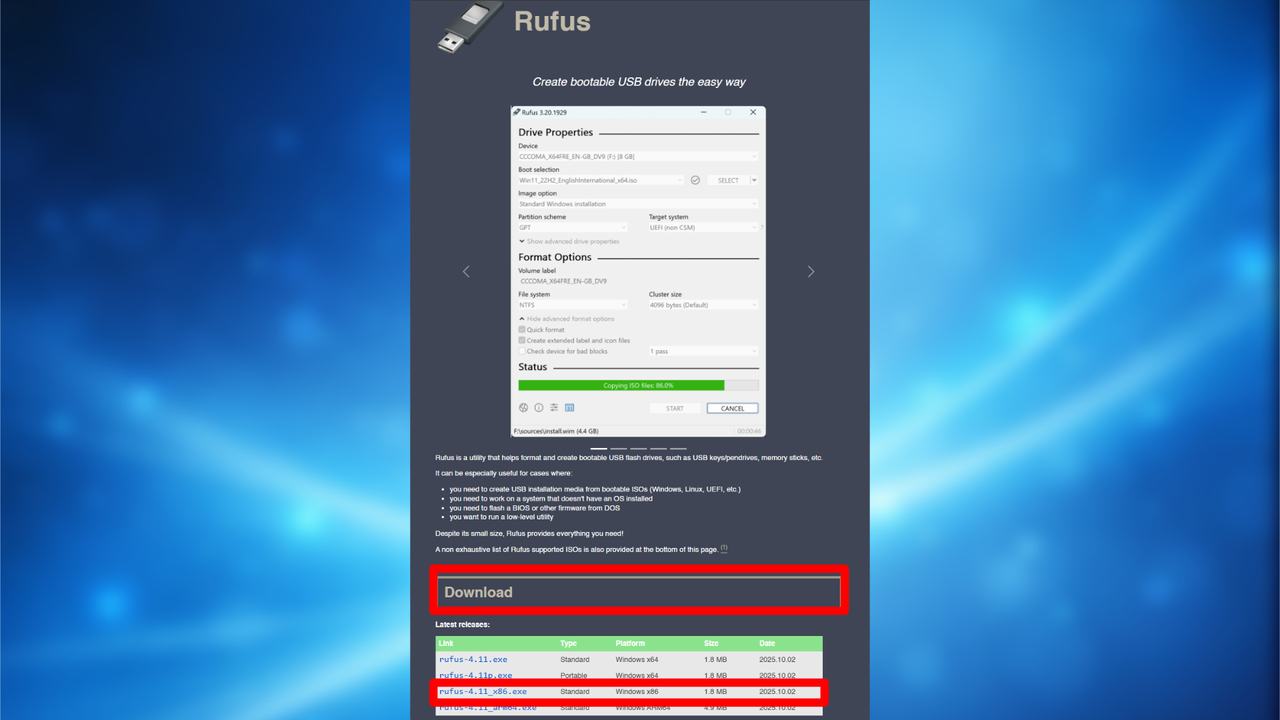 Downloading necessary files and setting up rufus