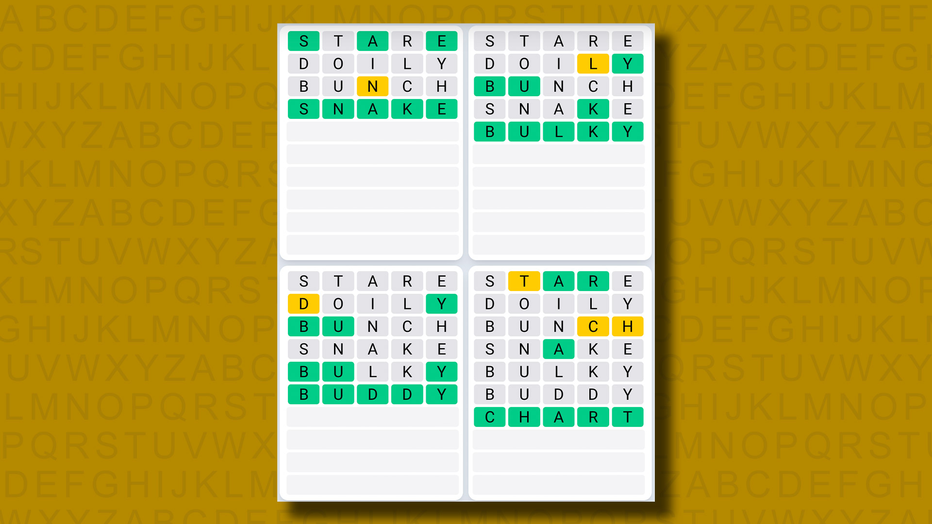 Quordle Day-to-day Sequence answers for sport 980 on a yellow background