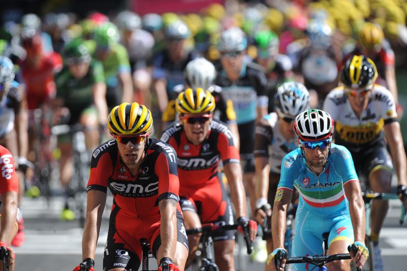 Daniel Oss (BMC) crosses the line with Vincenzo Nibali (BMC)